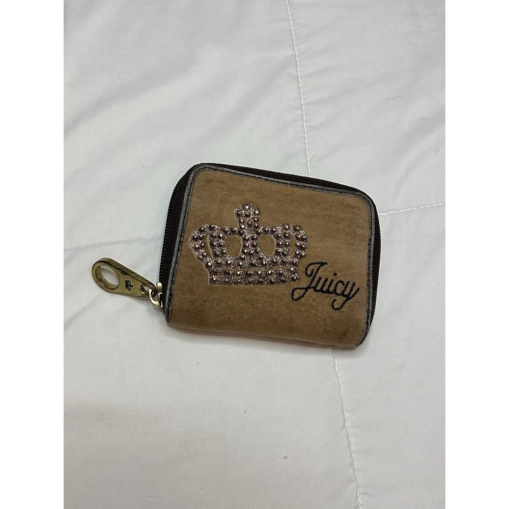 VTG 90s/y2k Juicy Couture Brown Rhinestone Crown Wallet Bifold 4.5” Velour Zip